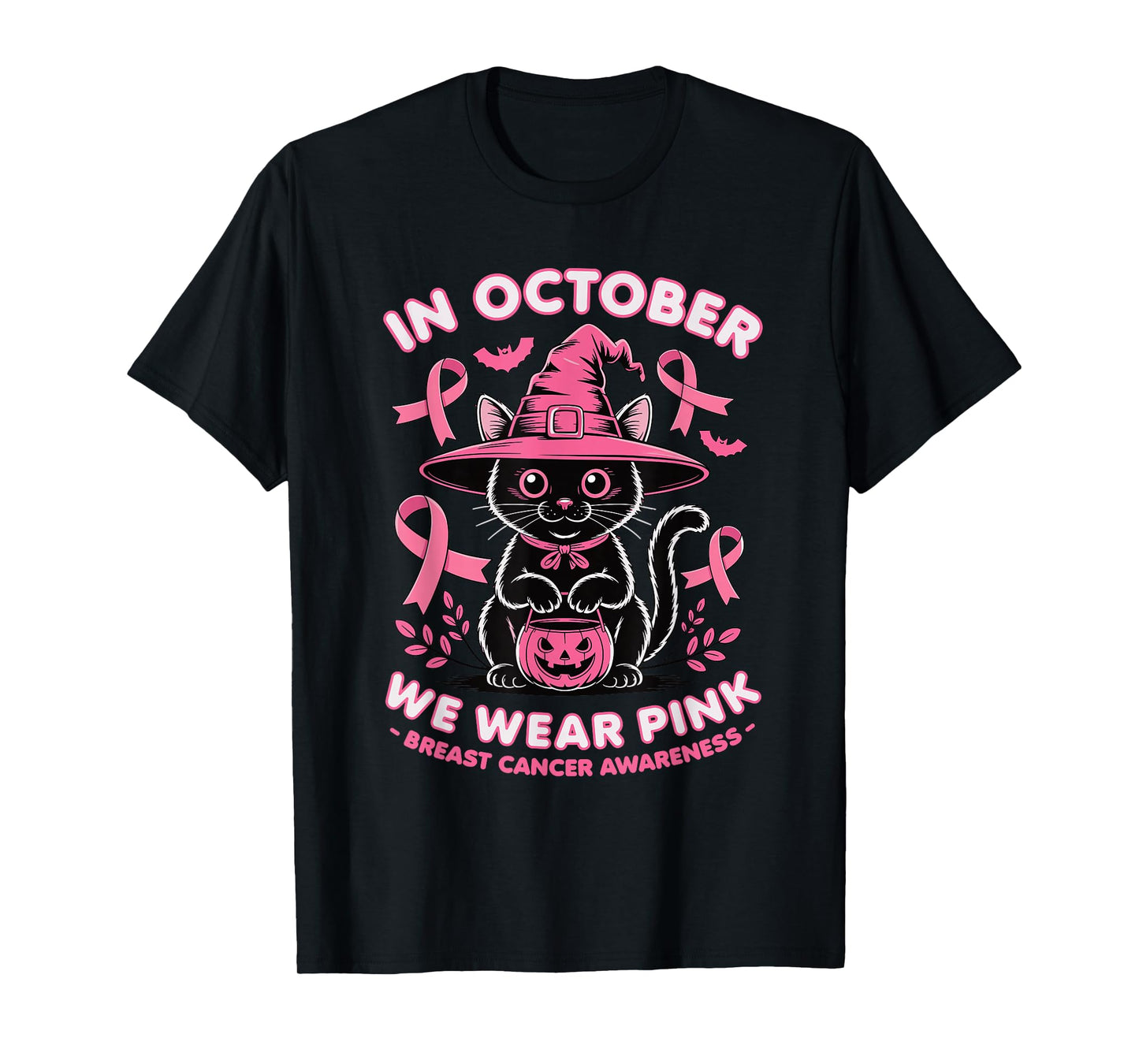 We Wear Pink in October Breast Cancer Women Halloween Cat T-Shirt