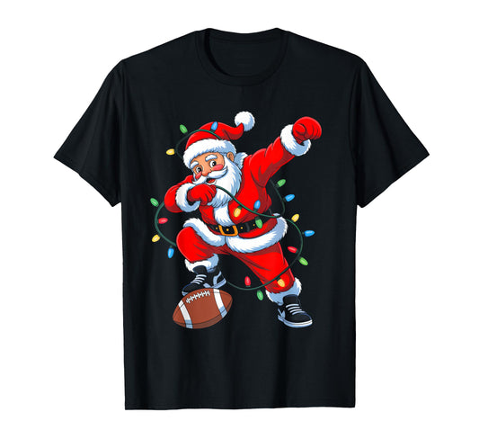 Dabbing Santa Xmas Lights Football Christmas Boys Men Kids T-Shirt