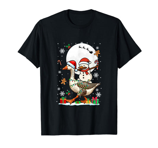 Dabbing Snowman On Goose Christmas Santa Colorful Lights T-Shirt