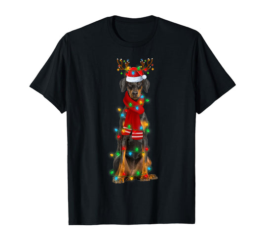 Doberman Pinscher Dog Christmas Lights Santa Hat Xmas T-Shirt