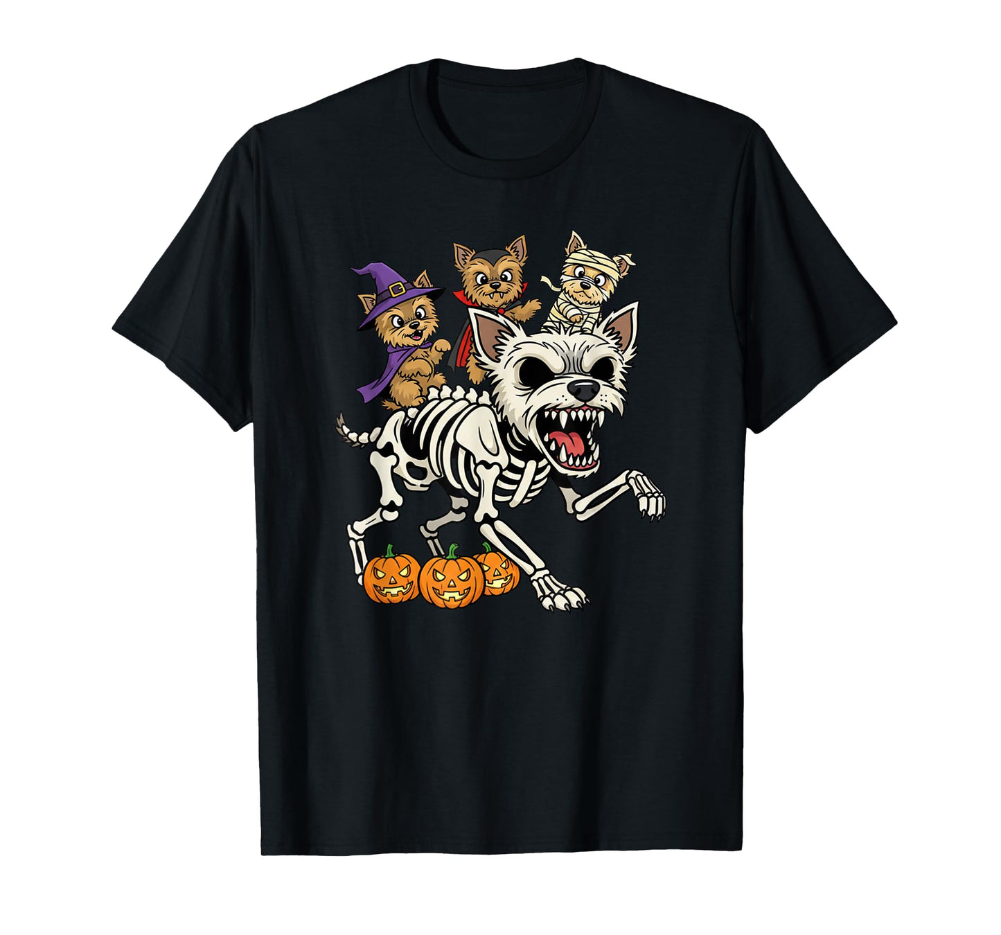 Yorkshire Terrier Skeleton Mummy Witch Halloween Mens Womens T-Shirt