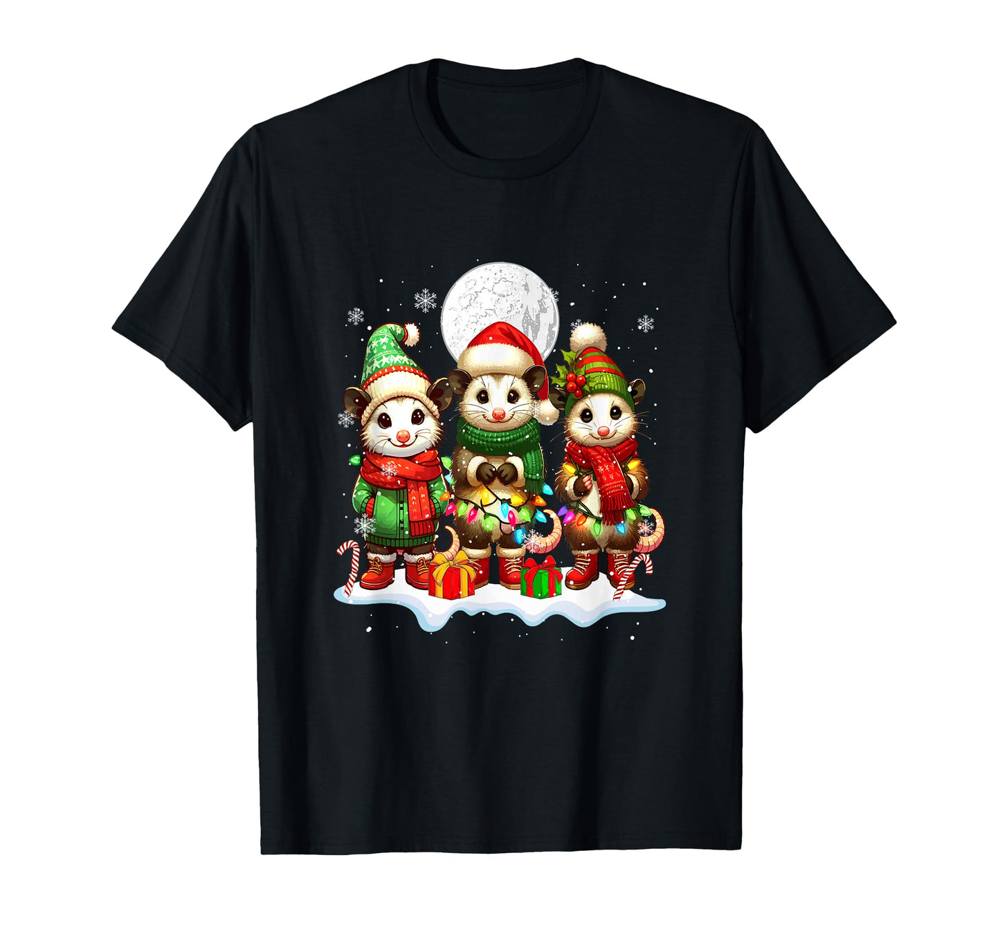Three Santa Opossums Christmas Snow Colorful Lights Lover T-Shirt