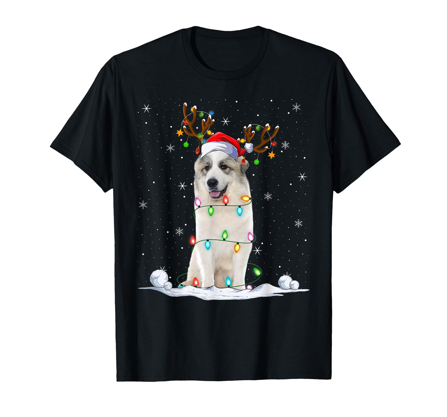 Great Pyrenees Dog Christmas Lights Funny Santa Hat Xmas T-Shirt