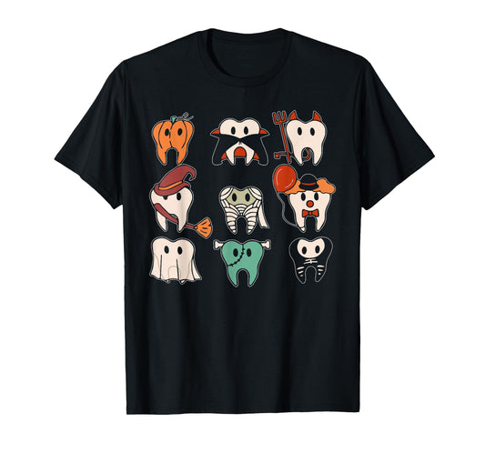 Funny Halloween Teeth Ghost Dentist Dental Squad Men Women T-Shirt