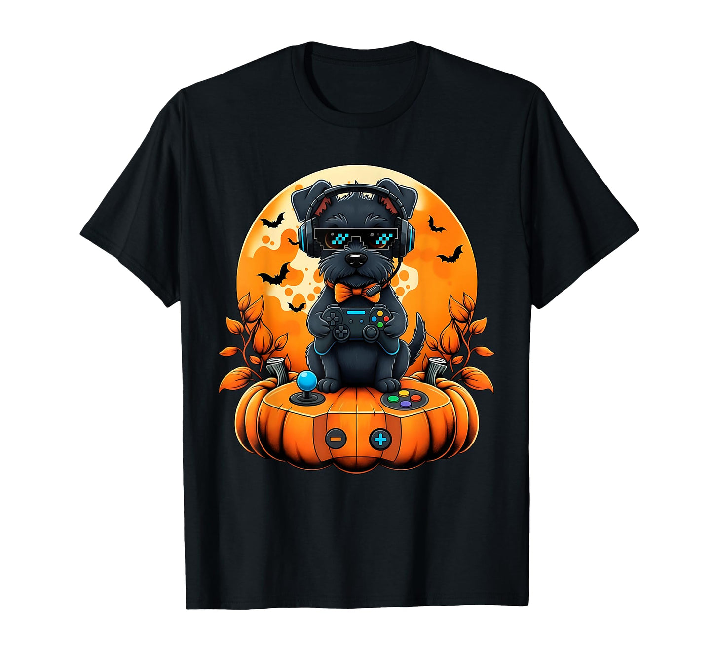 Retro Gamer Black Dog Pumpkin Halloween Fall Autumn Season T-Shirt