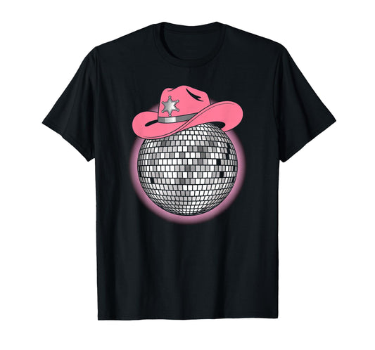 disco ball vintage pink cowboy hat discoball party woman T-Shirt