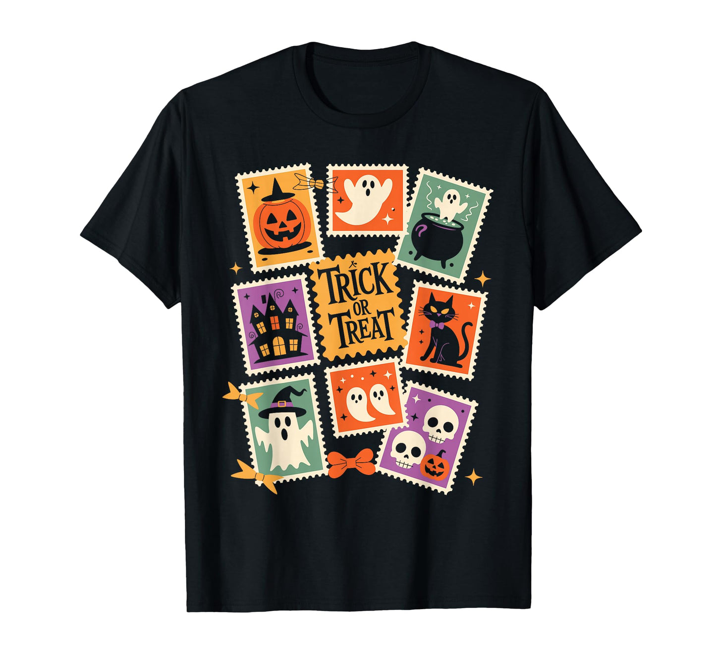 Halloween Stamps Spooky Pumpkin Ghost Cat Witch Skeleton T-Shirt
