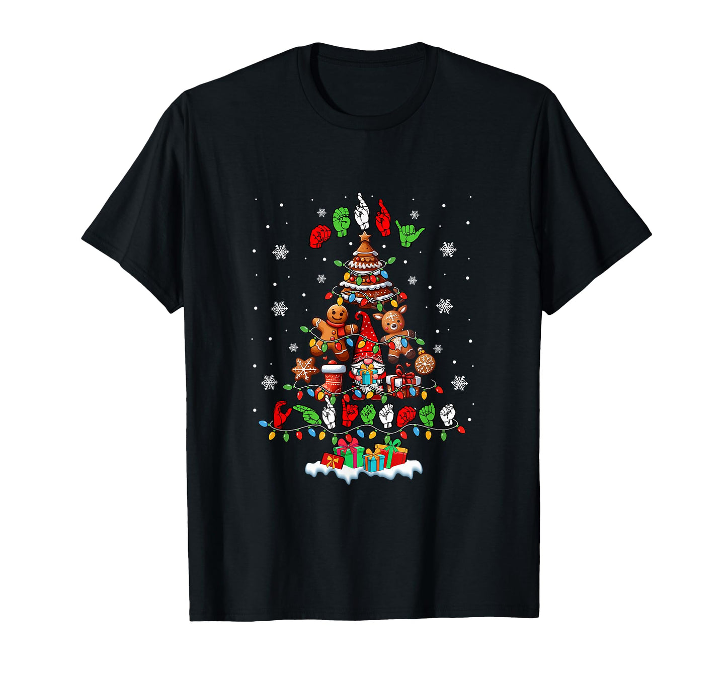 Merry Christmas Hands Sign Language Gnomes Cookies Xmas Tree T-Shirt