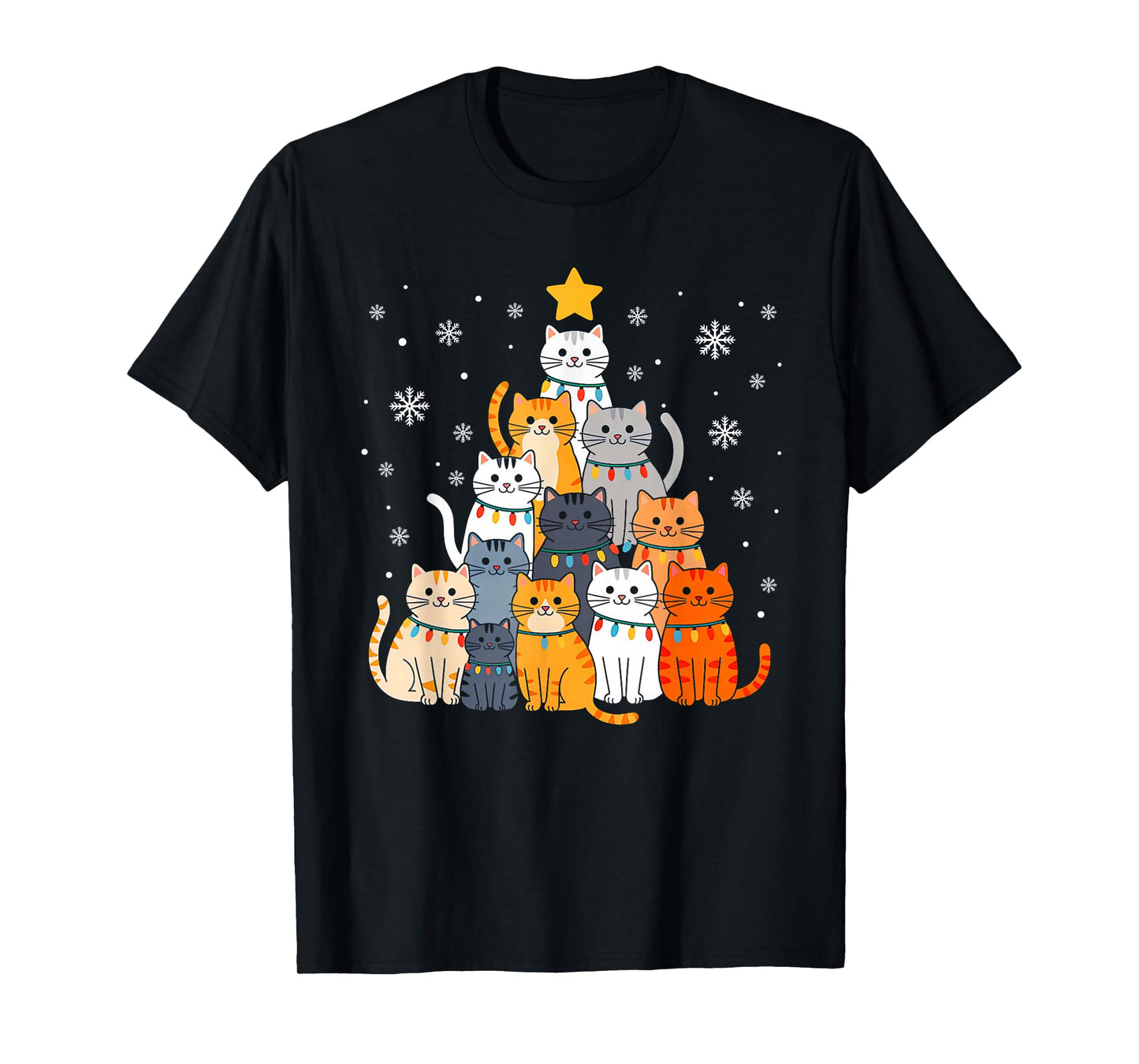 Cute Cat Christmas Tree Lights Funny Xmas Family Men Women T-Shirt