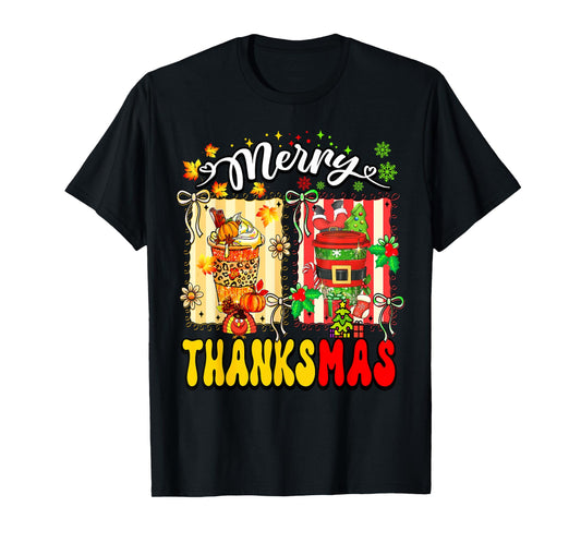Merry Thanksmas Pumpkin Spice Coffee Latte Thanksgiving Xmas T-Shirt