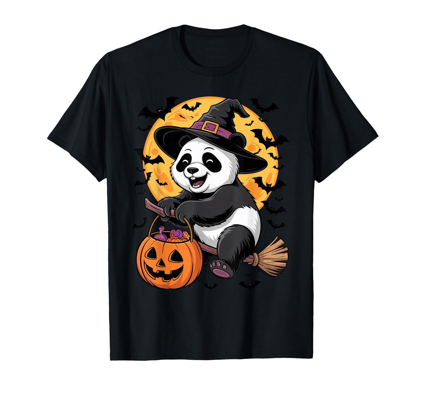 Halloween Panda Witch Hat and Broom Pumpkin Candy Bucket T-Shirt