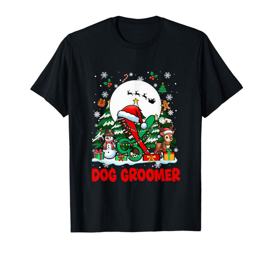 Dog Groomer Job Tools Santa Snowmen Reindeer Christmas Trees T-Shirt