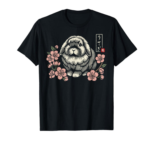 Holland Lop Rabbit Cute Bunny Japanese Cherry Blossom Floral T-Shirt