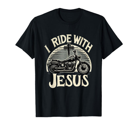 Faithful Flair I Ride With Jesus Motorcycle Christian T-Shirt, Small, Black