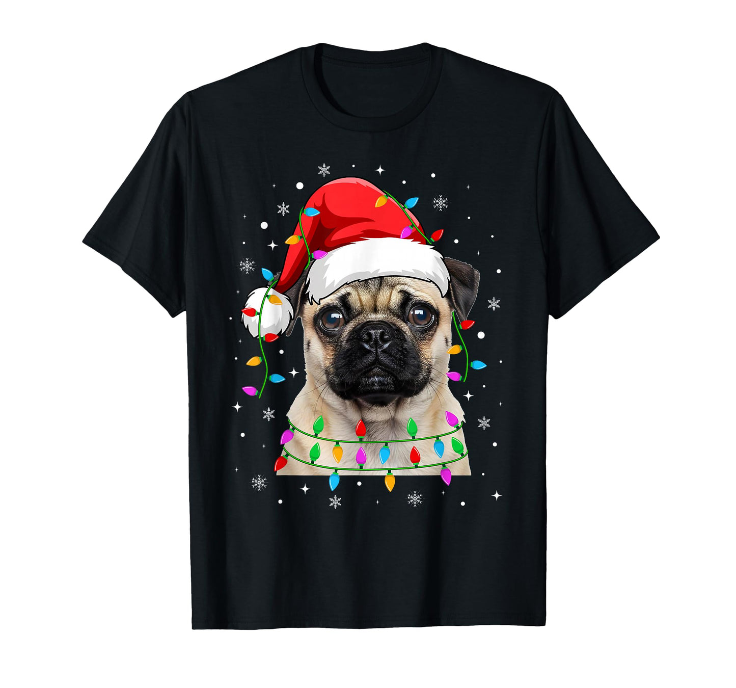 Pug Christmas Lights Santa Hat Pug Dogs Xmas T-Shirt