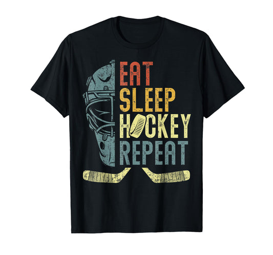 Eat Sleep Hockey Repeat Kids Adult Ice Hockey Retro Vintage T-Shirt