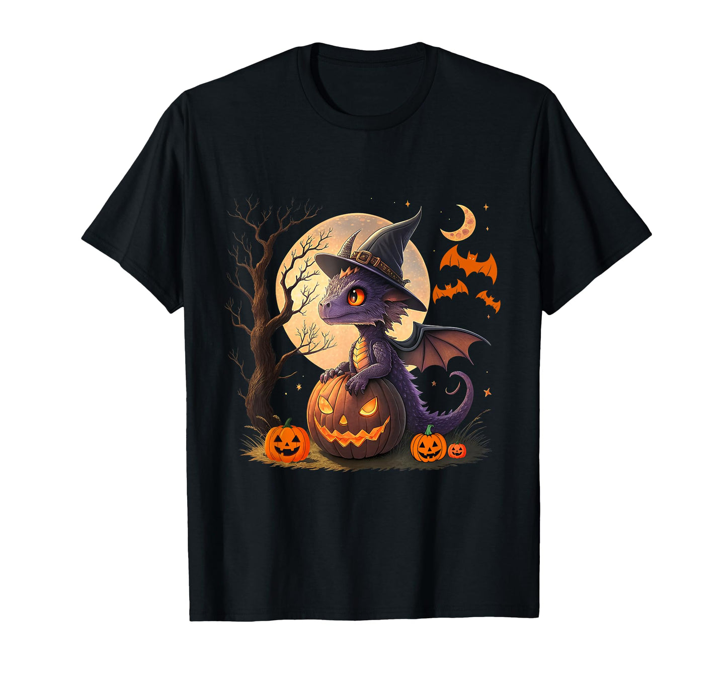 Cute Halloween Dragon Witch Hat Pumpkin Moon Fantasy T-Shirt
