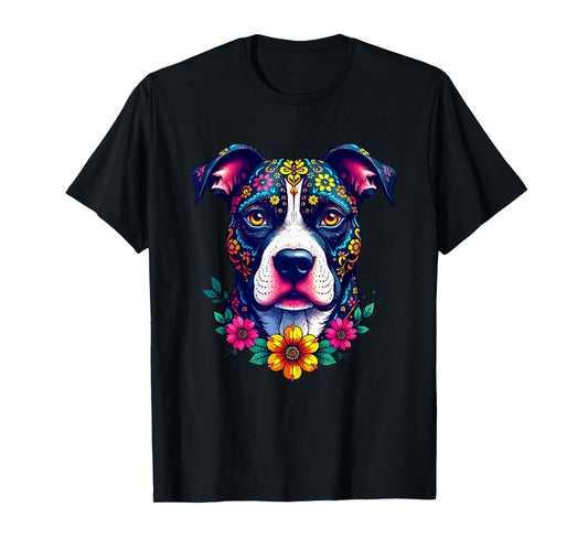 Mexican Sugar Skull Pitbull Dog Dia de Muertos Halloween Day T-Shirt