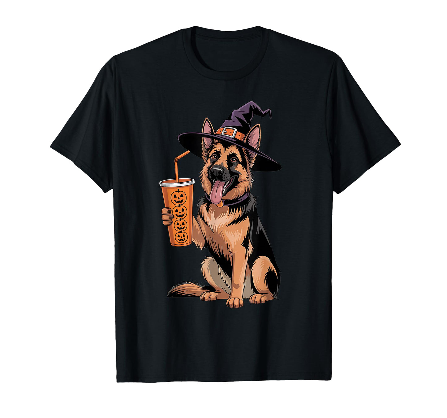 German Shepherd Witch Dog Funny Halloween Pumpkin Drink Tee T-Shirt