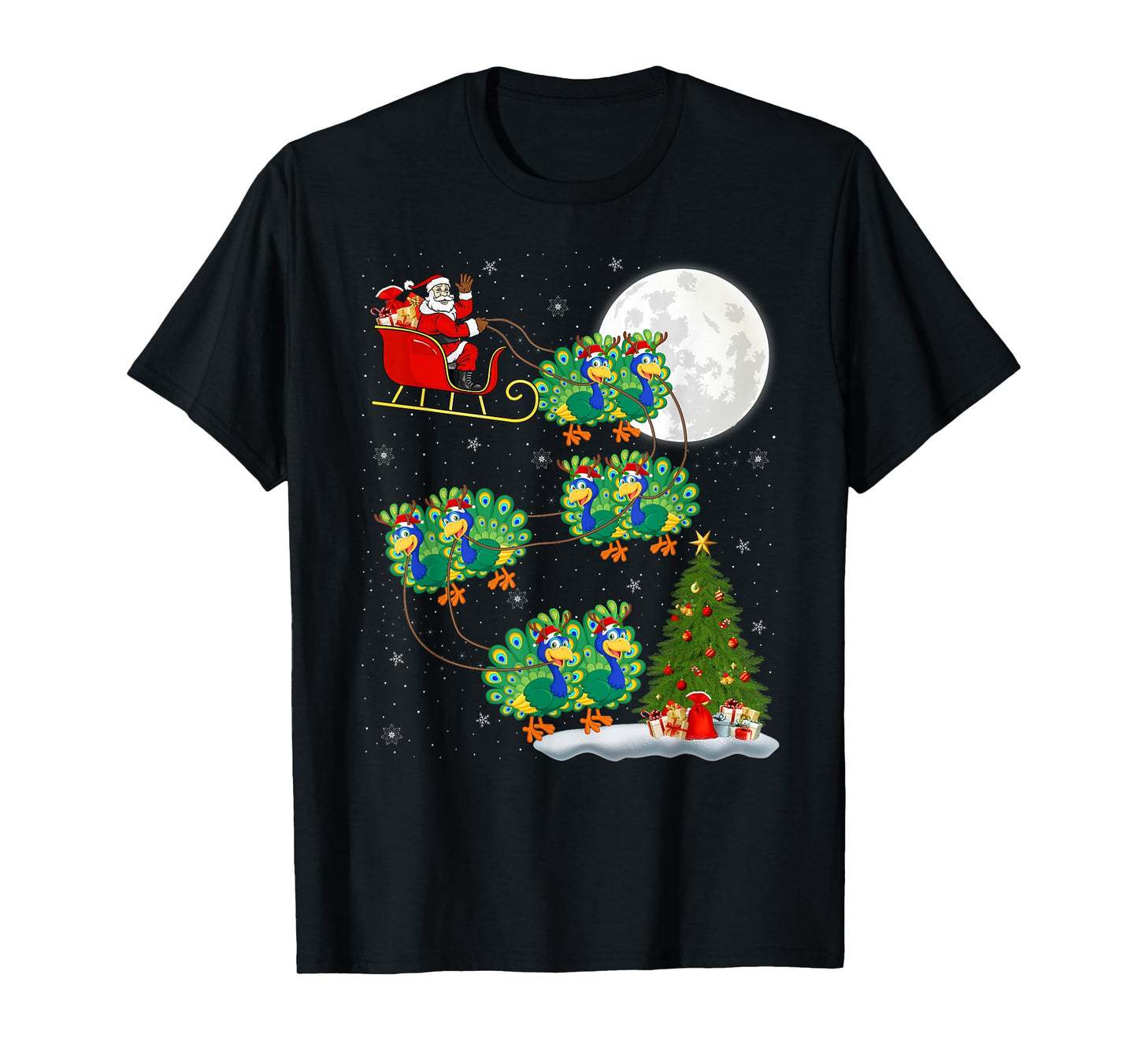 Peacock Santa Sleigh Flying Funny Magical Christmas T-Shirt