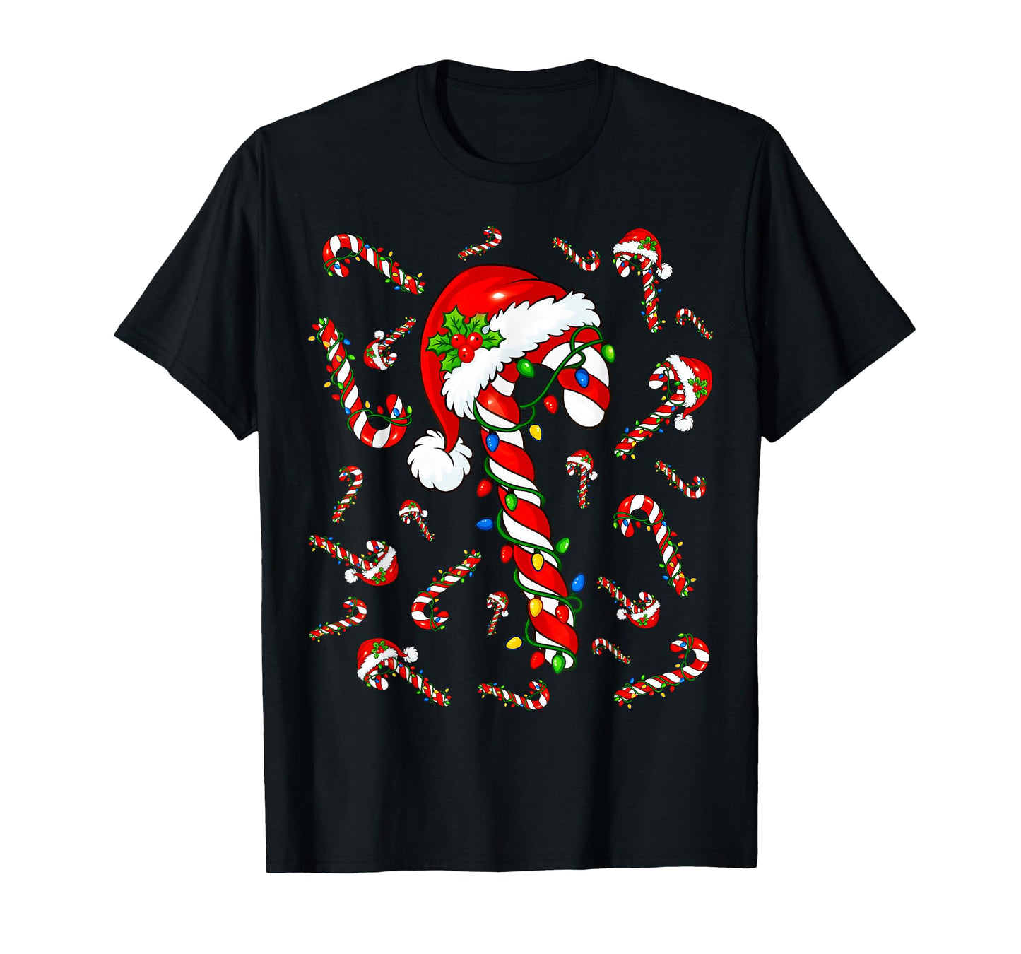 Candy Cane Santa Christmas Red and White Funny Xmas Lights T-Shirt