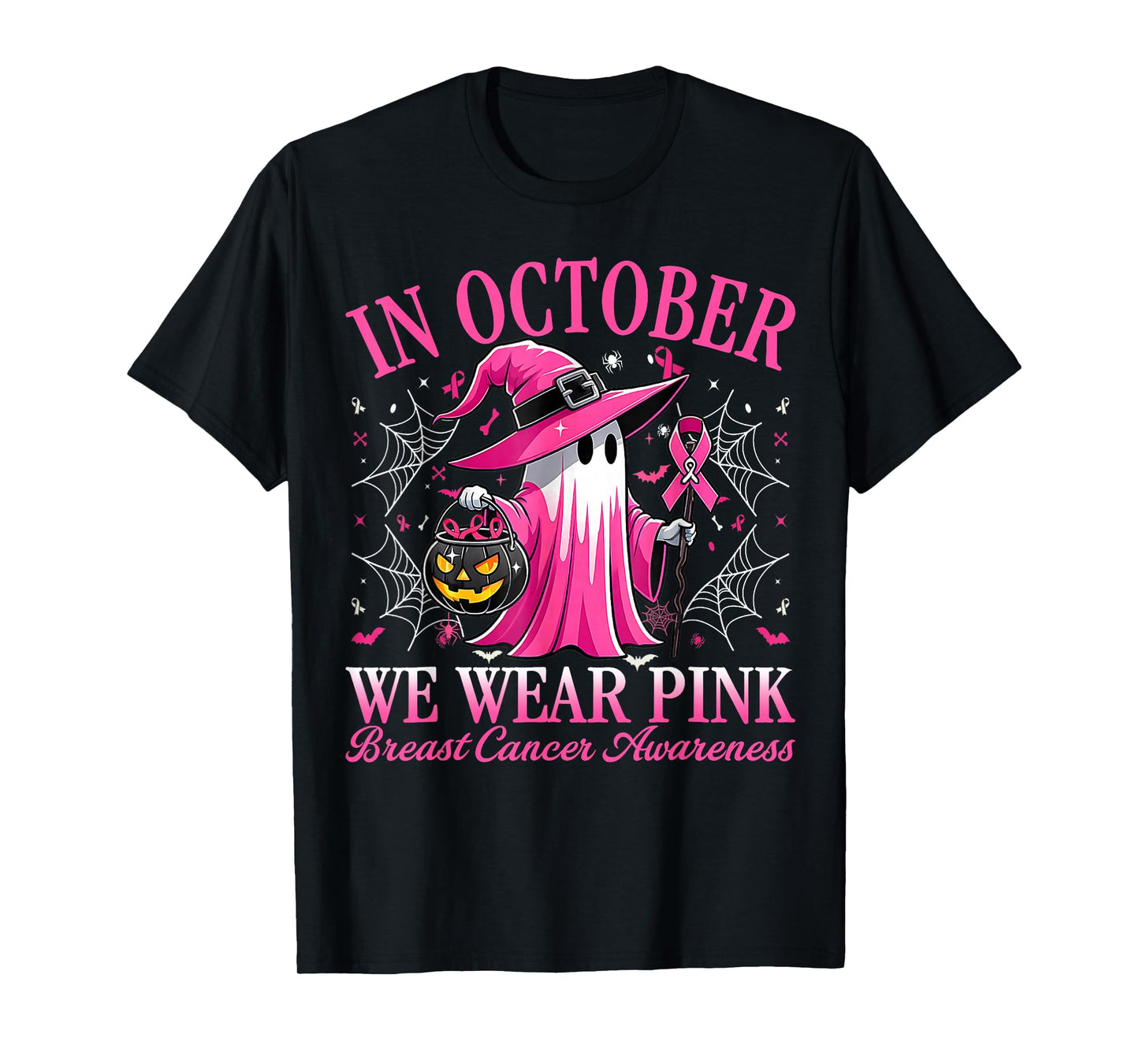 in October We Wear Pink Witch Breast Cancer Women Halloween T-Shirt