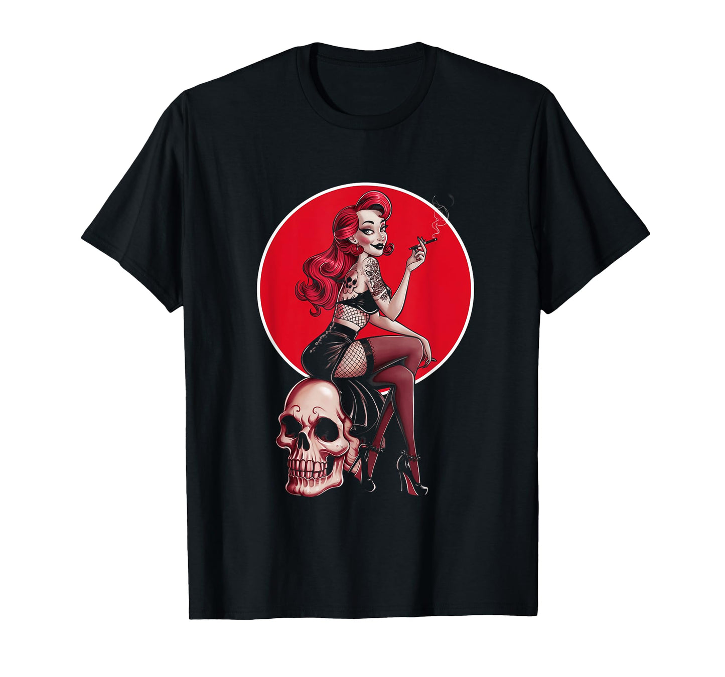Tattoo Goth Pin-up Girl with Skull Vintage Horror Rockabilly T-Shirt