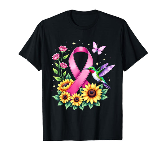 Hummingbird Sunflower Pink Ribbon Breast Cancer Awareness T-Shirt