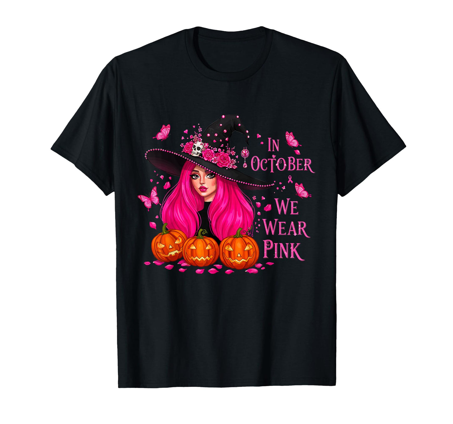 in October We Wear Pink Witch Breast Cancer Halloween T-Shirt