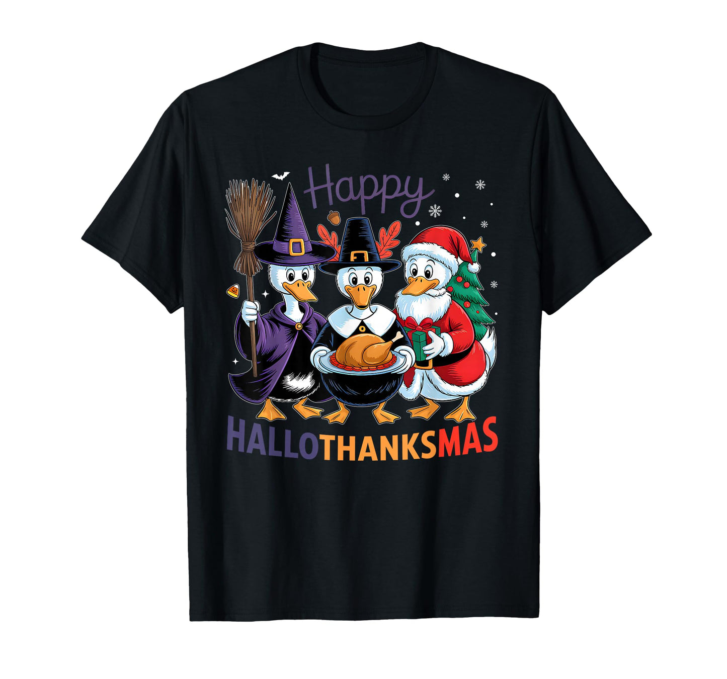 Happy HalloThanksMas Duck Halloween Thanksgiving Christmas T-Shirt