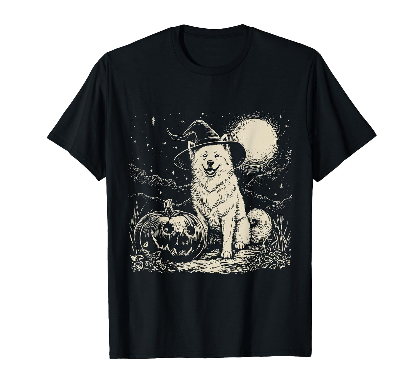 Samoyed Dog Witch Hat – Cute Halloween Pumpkin Moon T-Shirt