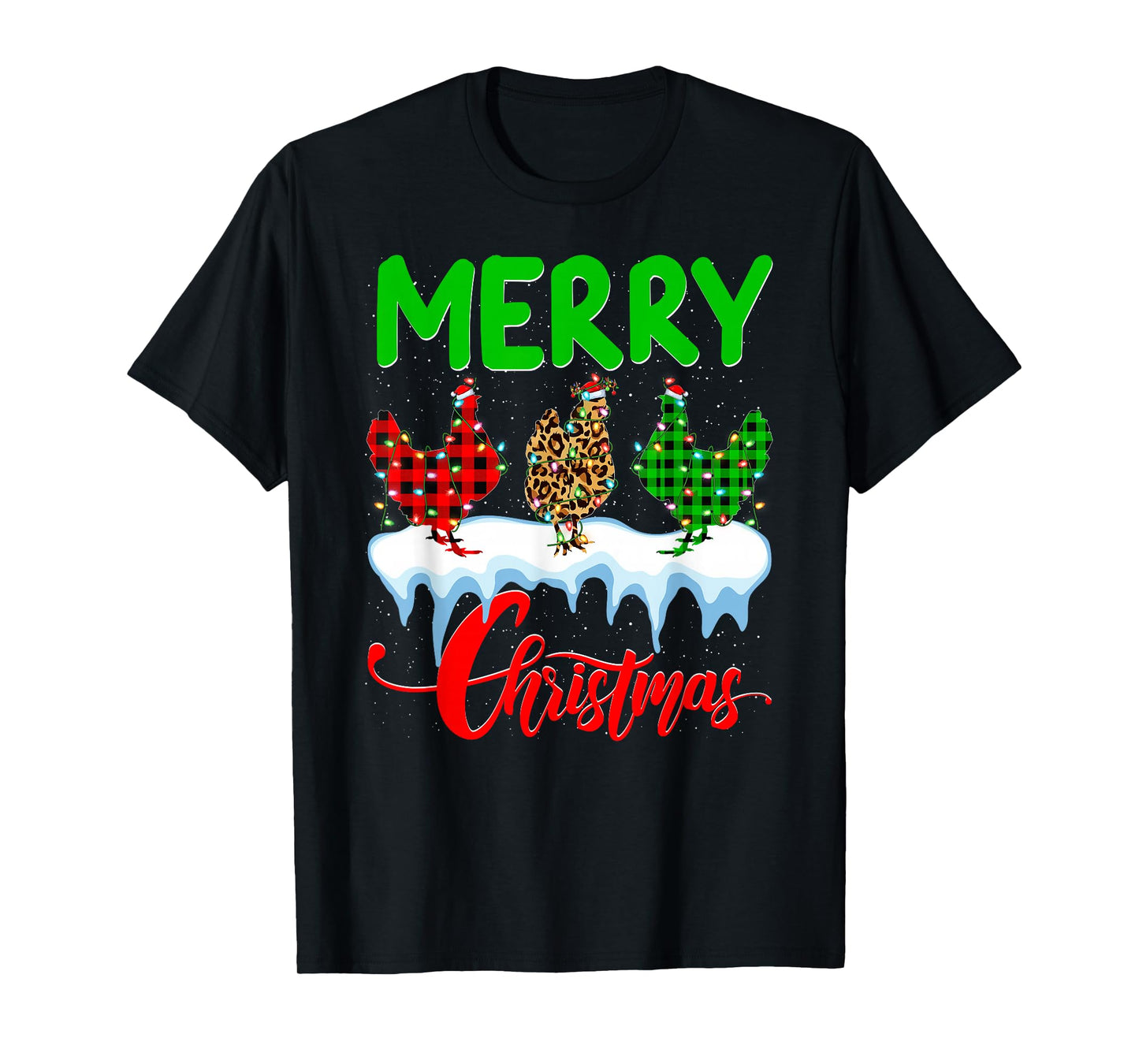 Chicken Merry Christmas Pajamas Leopard Buffalo Plaid Xmas T-Shirt