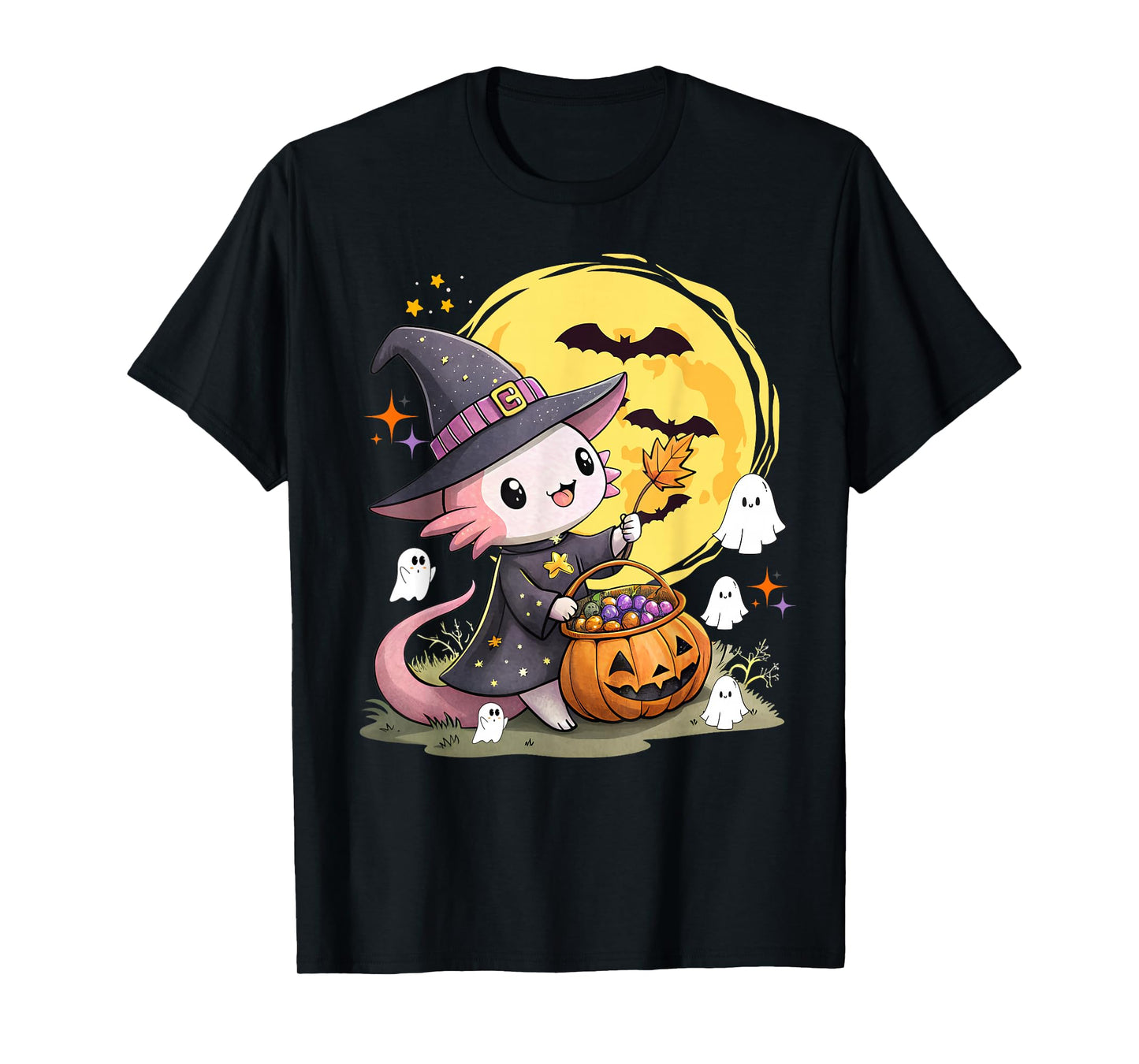 Cute Halloween Axolotl Witch Hat Pumpkin T-Shirt