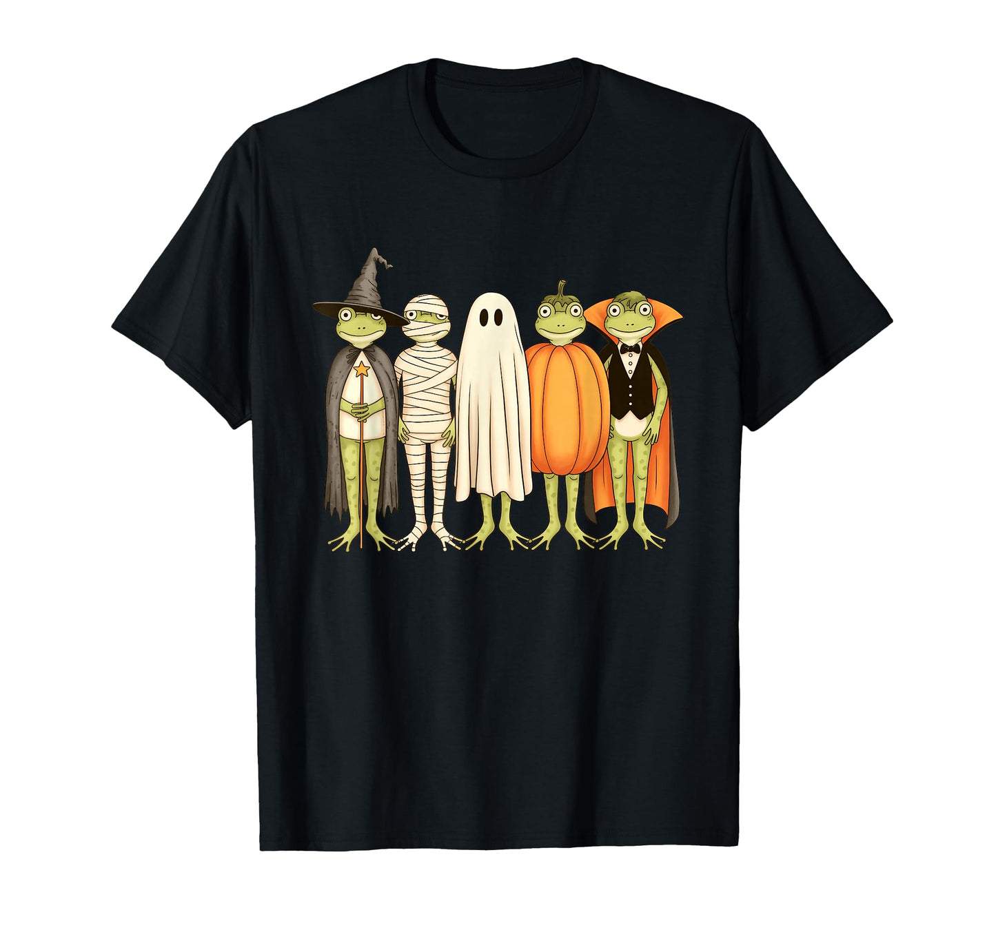 Kawaii Frogs in Halloween Costumes Witch Ghost Pumpkin Mummy T-Shirt