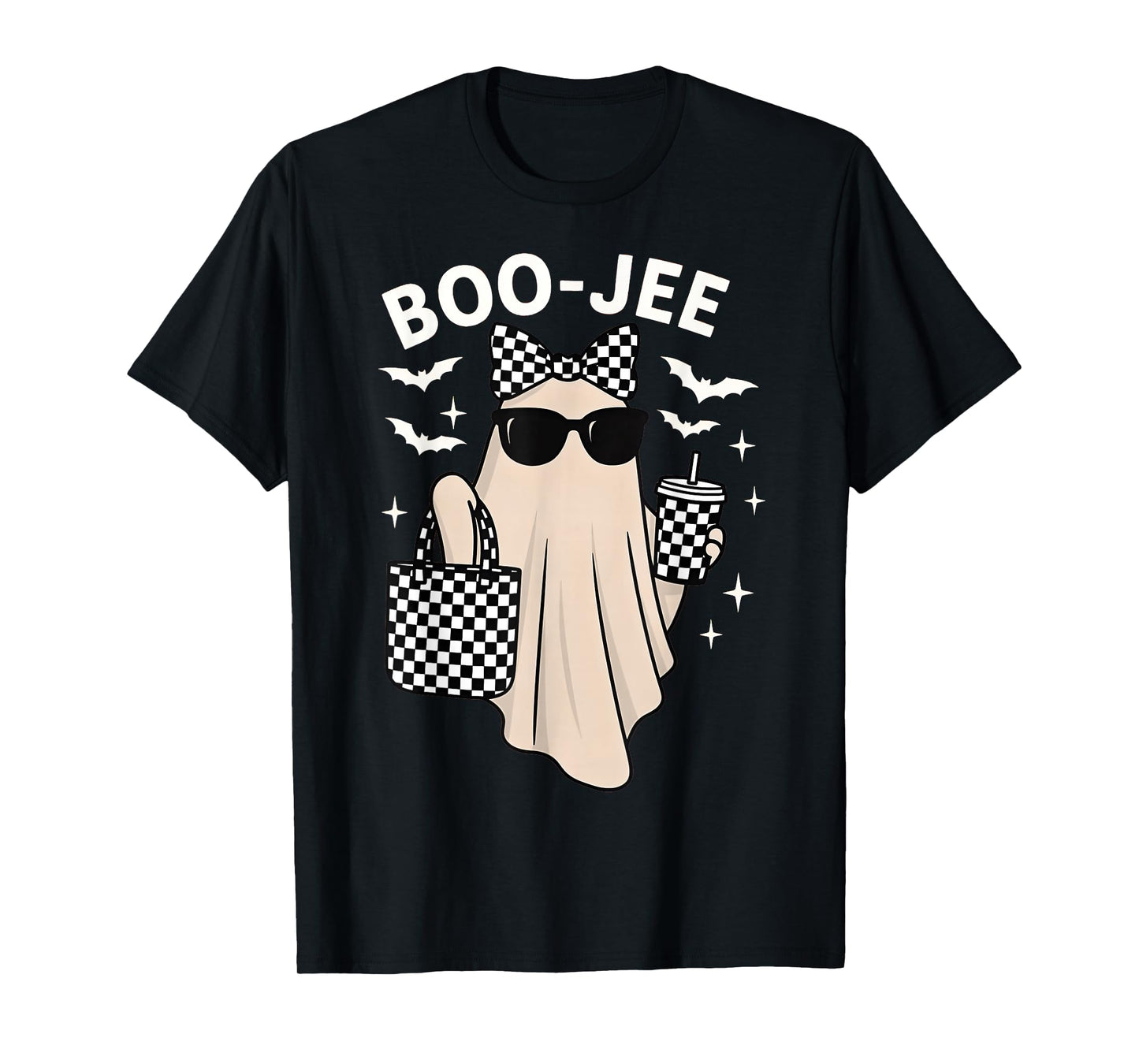 Coquette Checkered Ghost Coffee Boo-JEE Halloween Boujee T-Shirt