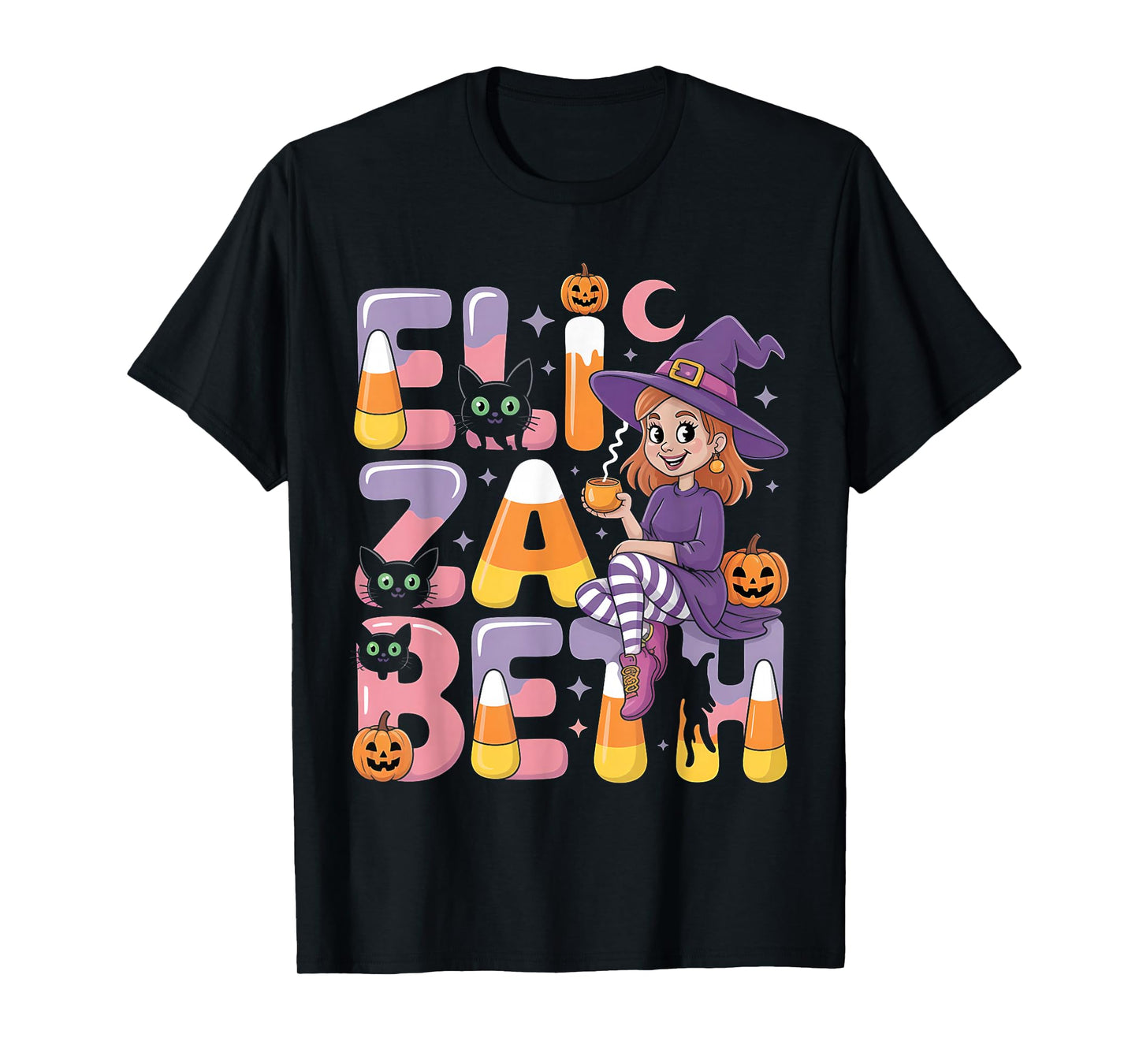 Elizabeth Witch Candy Corn Cat Halloween Women and Girls T-Shirt