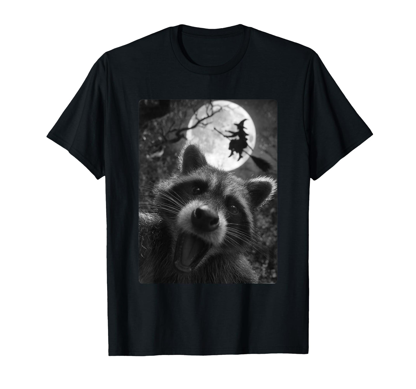 Funny Raccoon Selfie Full Moon Flying Witch Forest Halloween T-Shirt