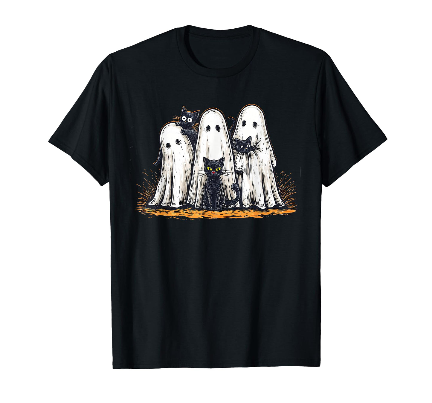 Vintage Halloween Ghost Holding Black Cat Groovy Floral T-Shirt