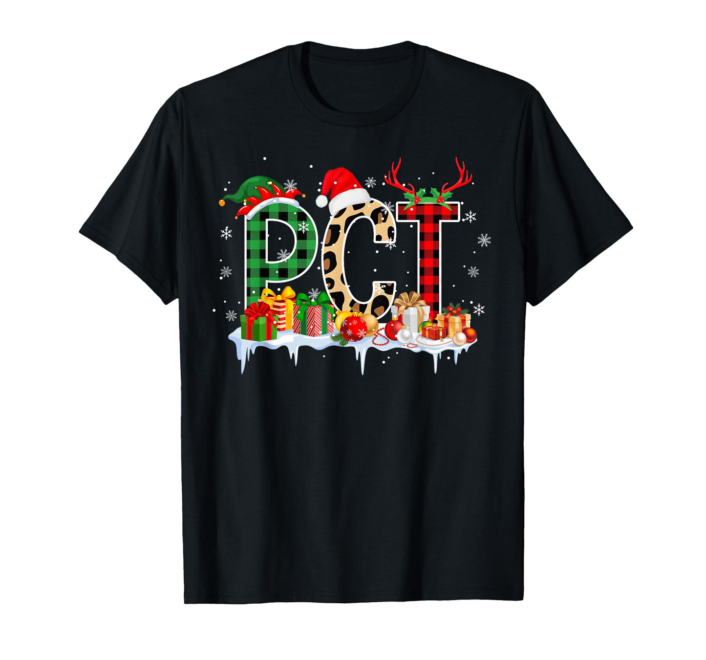 Leopard Red Plaid PCT Nursing Santa Hat Reindeer Christmas T-Shirt