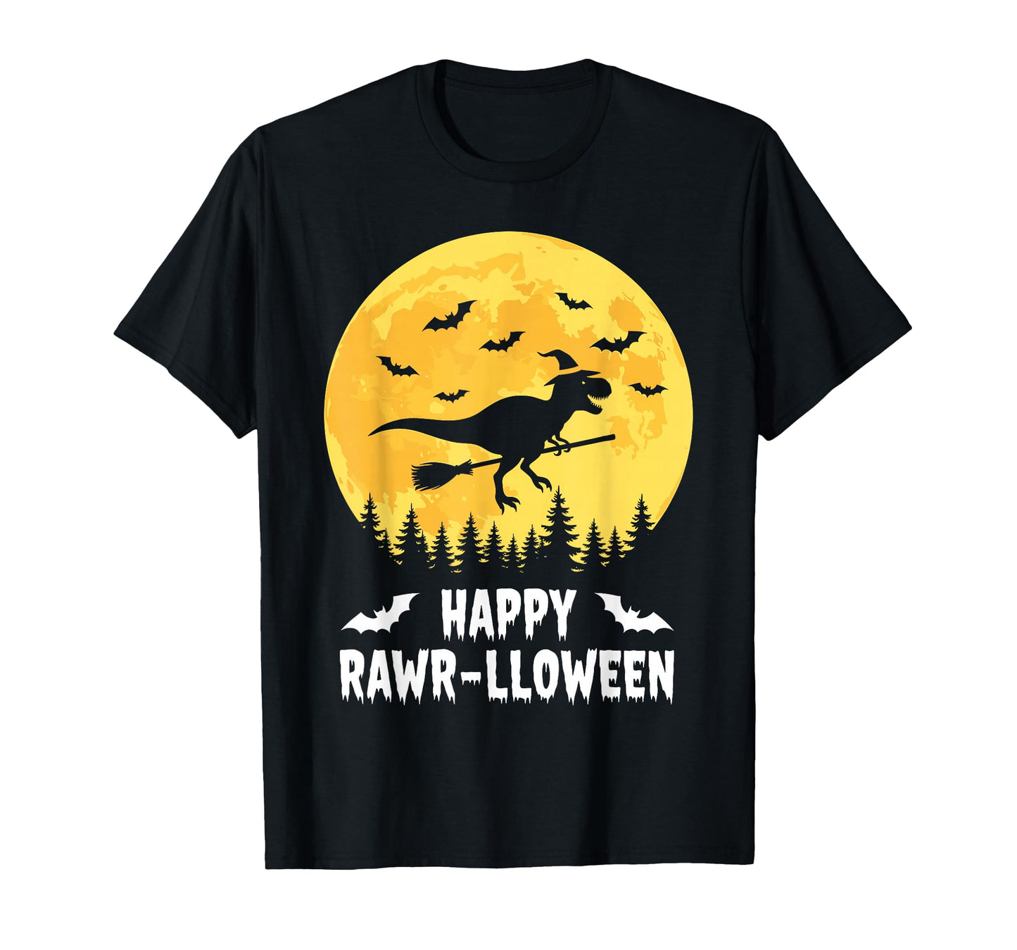Happy Rawr-lloween Funny Halloween T Rex Flying Witch T-Shirt