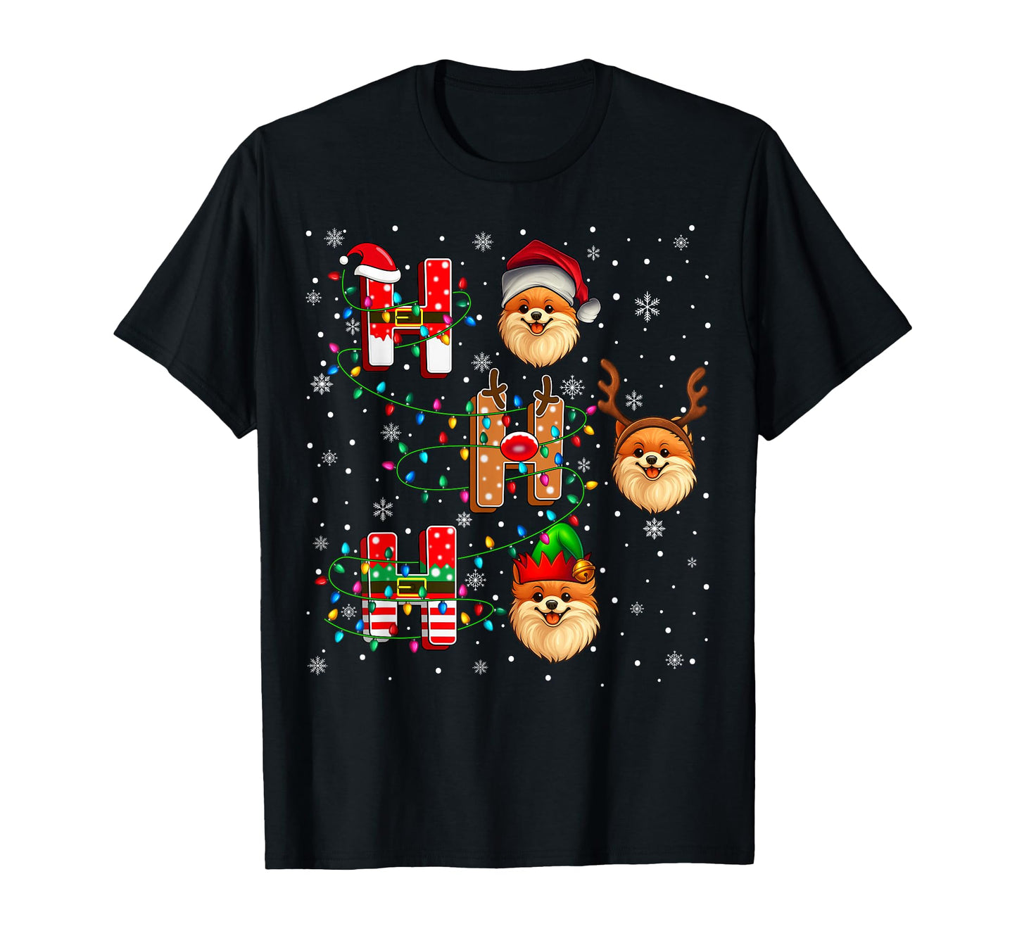 Ho Ho Ho Santa Reindeer Hat Elf Matching Pomeranian Dog Xmas T-Shirt