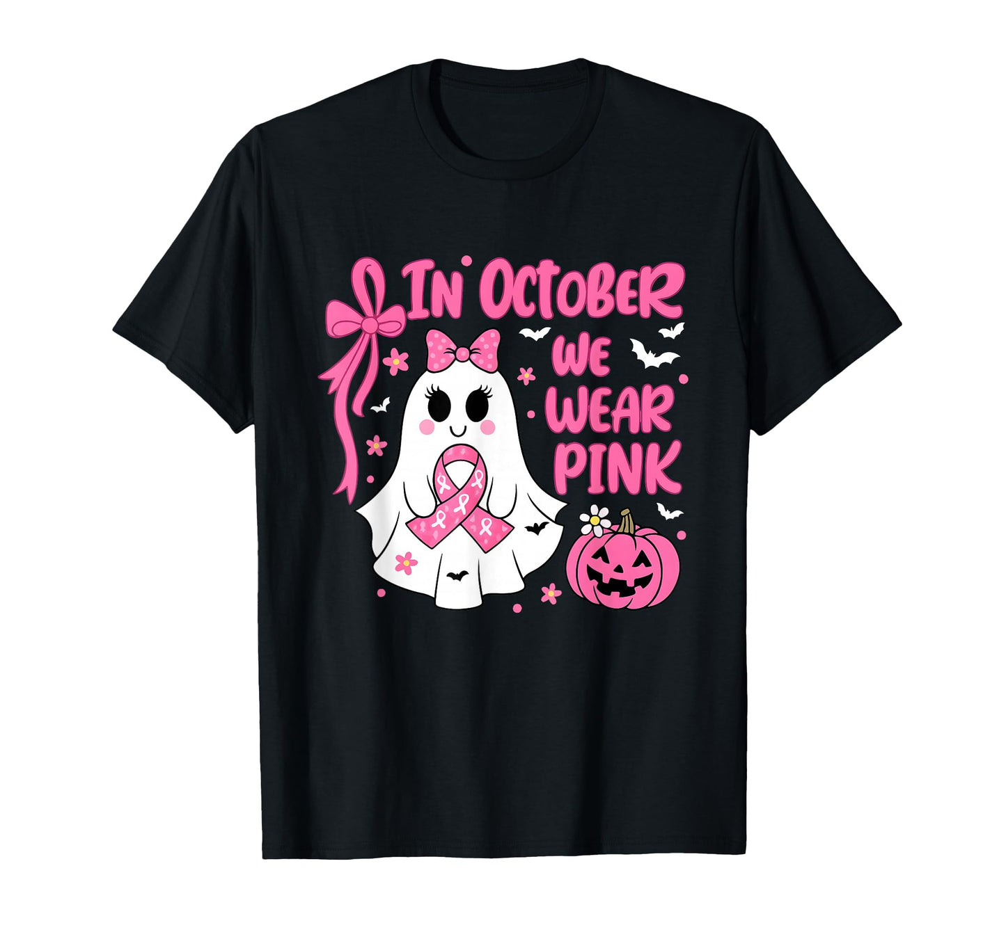 in October We Wear Pink Cute Ghost Breast Cancer Awareness T-Shirt