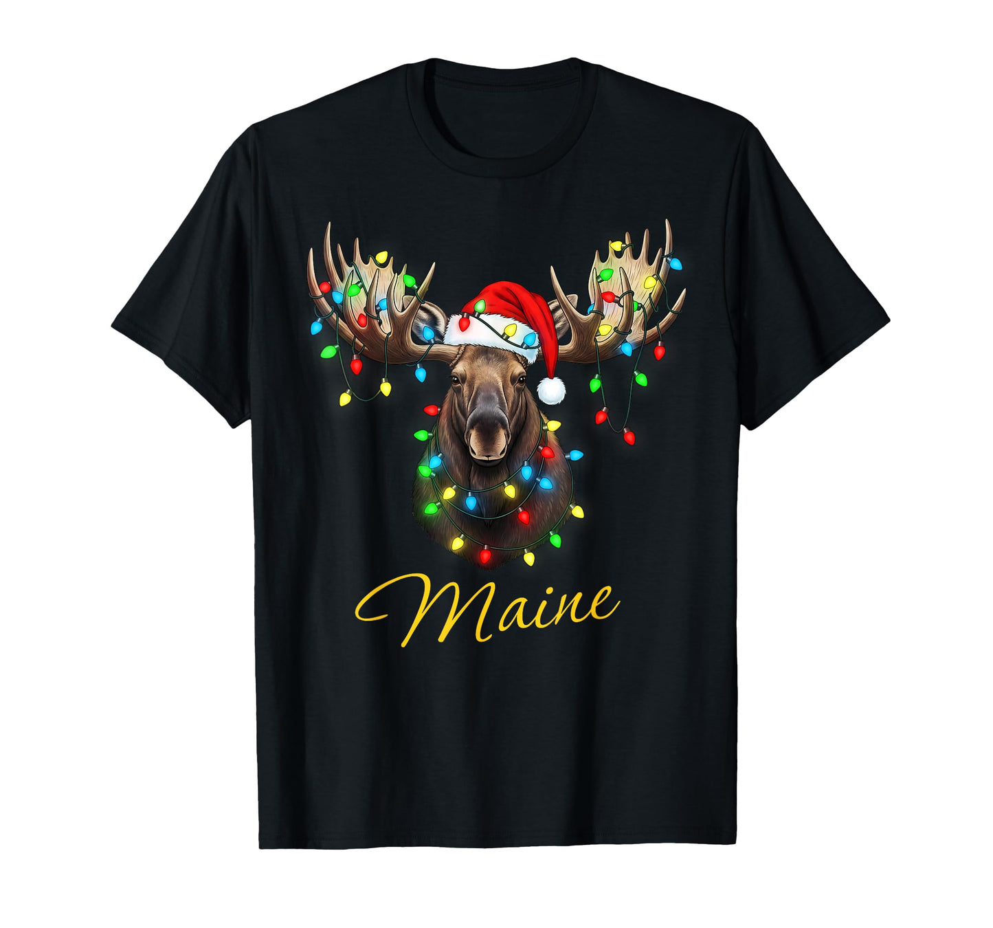 Funny Maine State Moose Christmas Lights Wearing Santa Hat T-Shirt