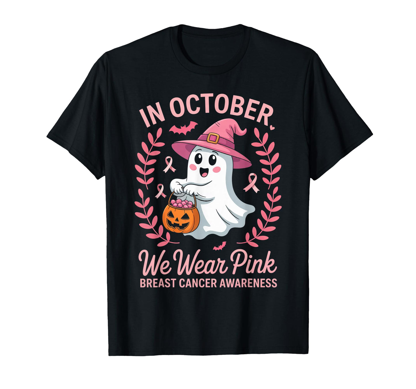 in October We Wear Pink Ghost Witch Breast Cancer Awareness T-Shirt