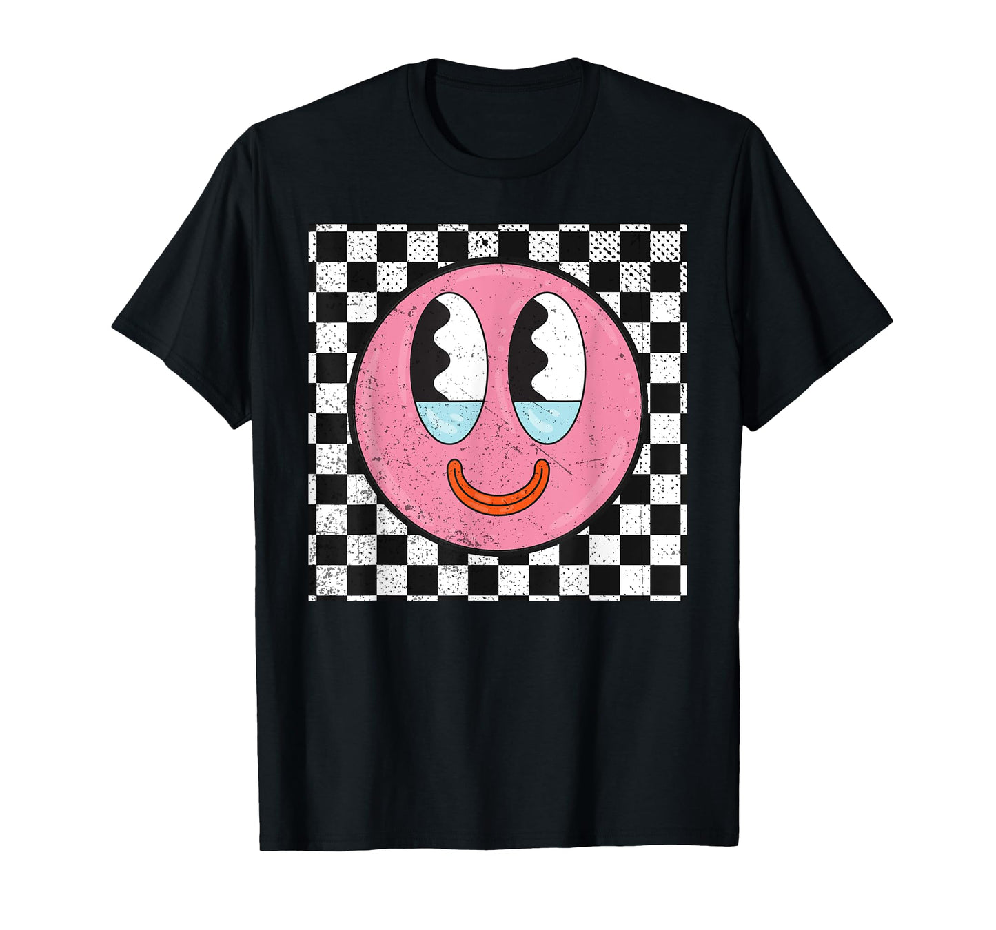 Retro Happy Face Checkered Pattern Smile Face T-Shirt