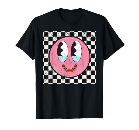 Retro Happy Face Checkered Pattern Smile Face T-Shirt