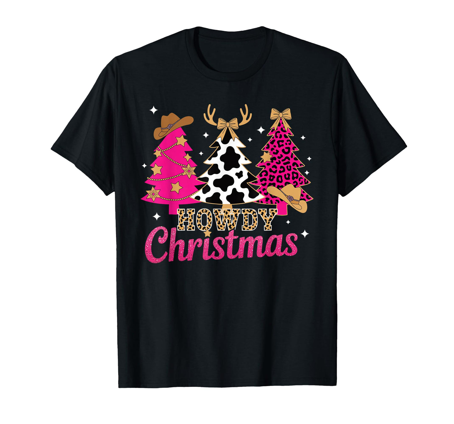 Howdy Christmas Pink Leopard Cow-Print Tree Coquette Cowgirl T-Shirt