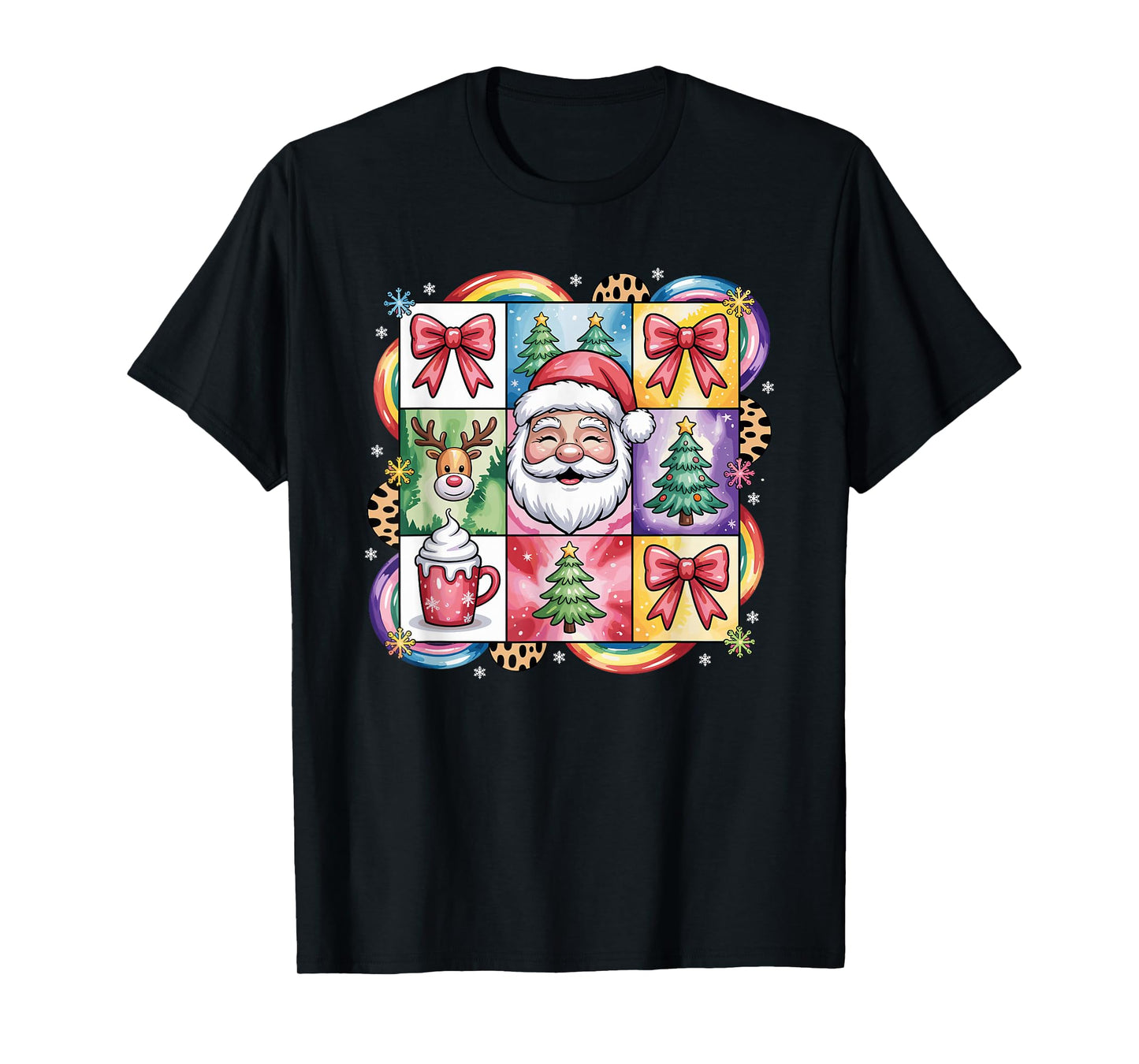 Colorful Patchwork Christmas Santa Reindeer Cocoa T-Shirt