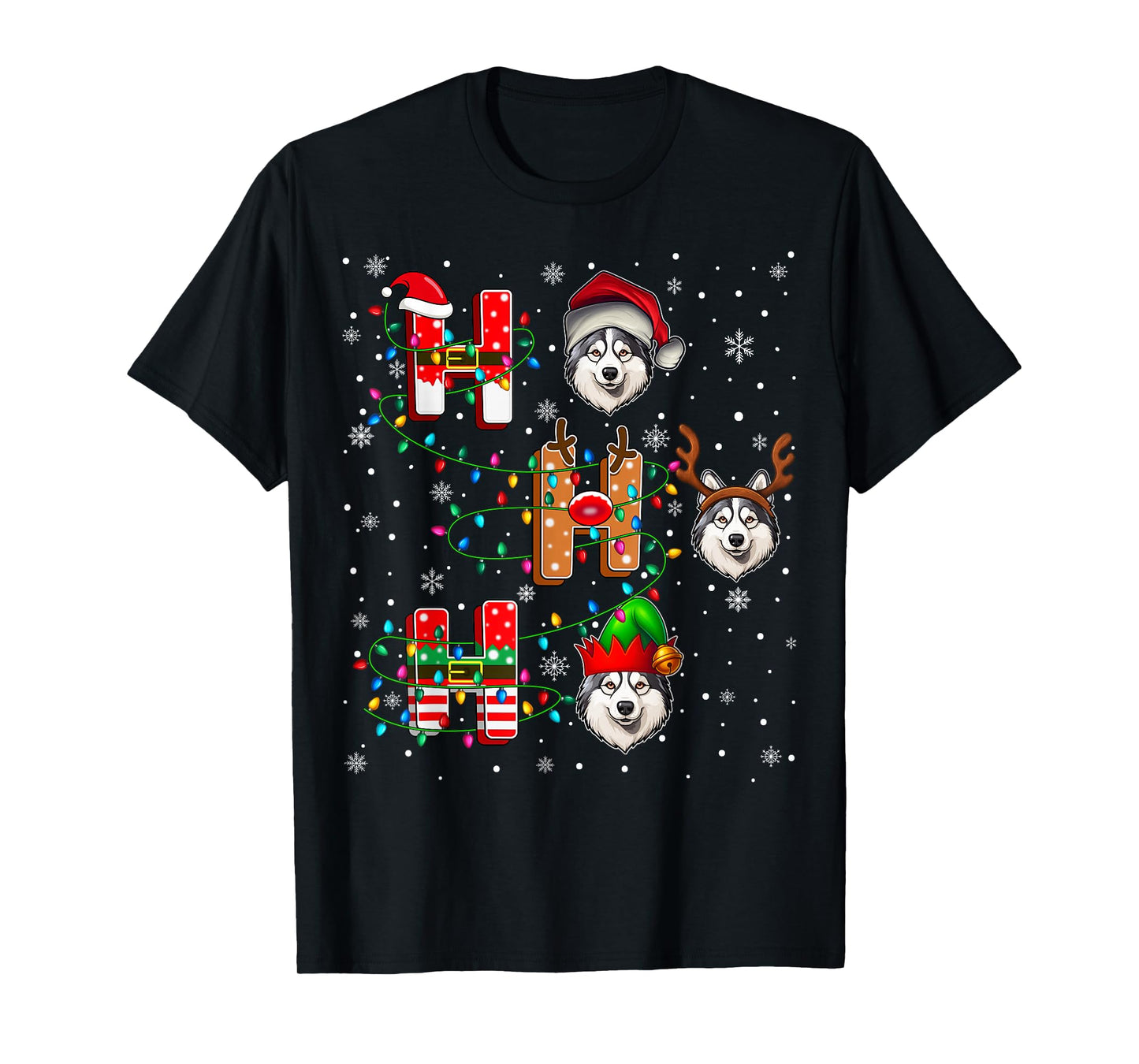 Ho Ho Ho Santa Reindeer Hat Elf Alaskan Malamute Dog Xmas T-Shirt
