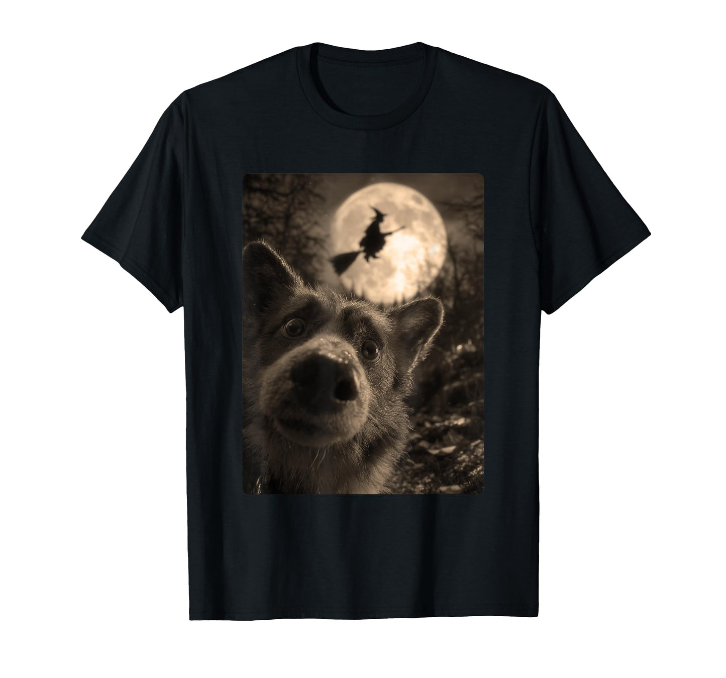 Funny Corgi Selfie with Full Moon Flying Witch Halloween Dog T-Shirt